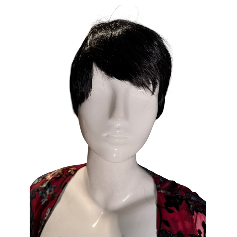 Black Short Pixie Cut Wig Synthetic Hair Side Swept Bangs Adjustable Cap